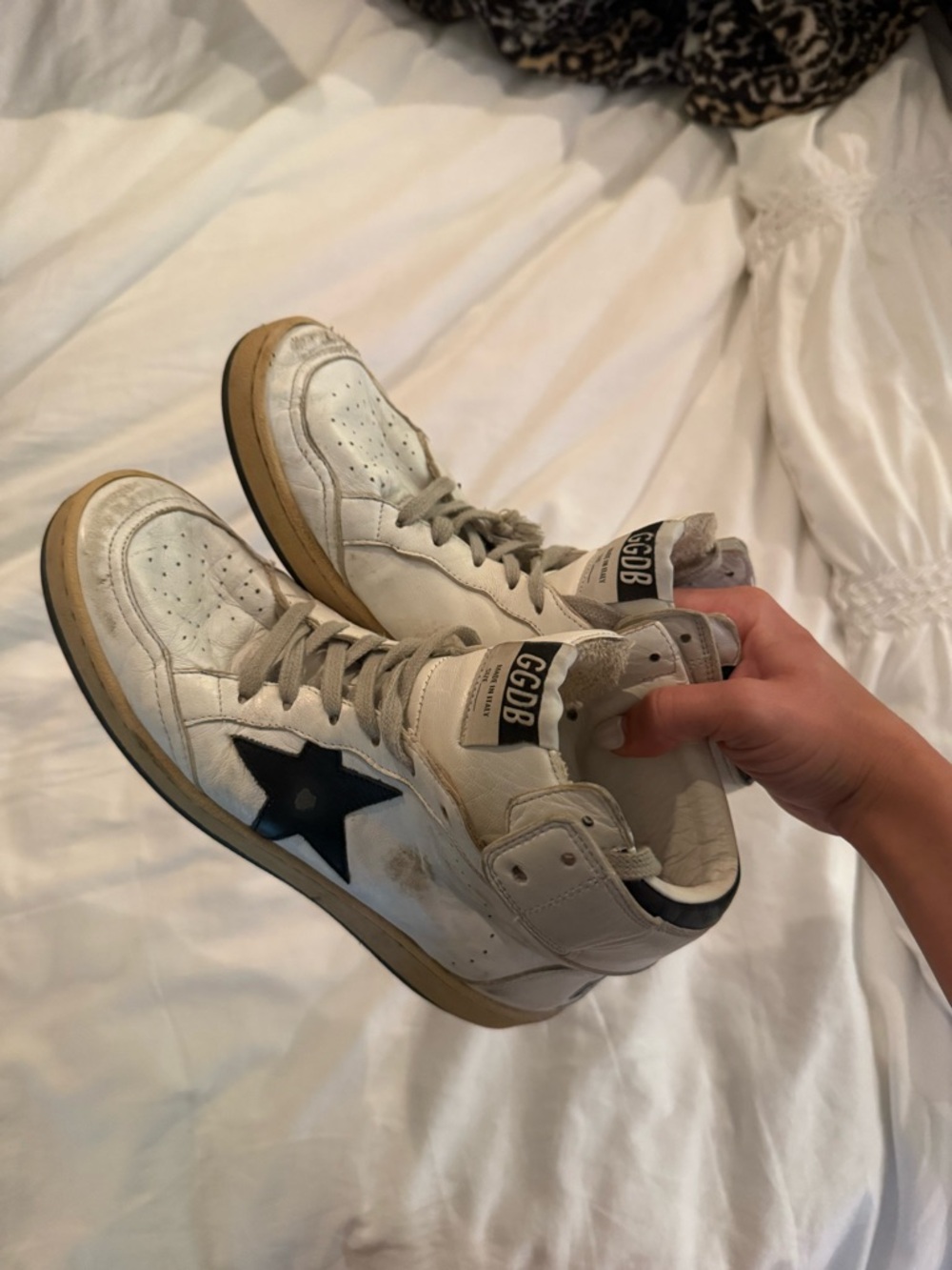 Golden Goose White Leather High-Top Sneakers with Black Star